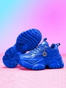 7cm Elevator Women's Casual Sports Shoes With 3D Metal Sunflower Decor Chain, Outdoor EVA Platform High-Top Sneakers, Lightweight Soft Shock-Absorbing Non-Slip Running Shoes, Breathable Mesh Summer Sandals, Round Toe Lace-Up Rhinestone Blue Plus Size Shoes For Daily, School, Work, Workout - Blue - View 5