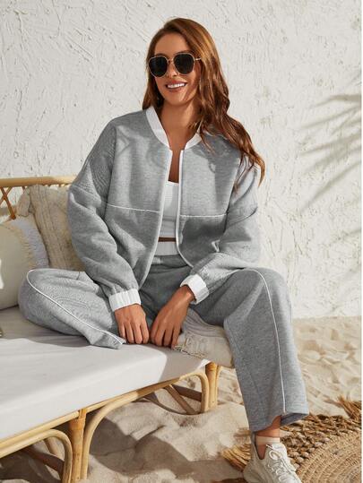 Women's Casual Solid Color Loose Cardigan And Sweatpants Set, Autumn