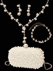 水钻珠宝闪亮项链耳环手链套装，奢华闪亮水钻仿珍珠手拿包，适合派对、浪漫婚礼、春夏链条单肩包、新娘包、正式舞会手拿包、优雅晚礼服包，非常适合派对婚礼舞会晚宴/宴会