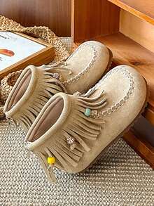 1 Pair Autumn/Winter New Retro Velvet Children Boots, Girls Korean Version Tassel Short Boots With Back Zipper, Princess Shoes