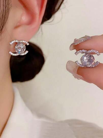 1 Pair Luxury 925 Sterling Silver Double C Stud Earrings, Elegant Gift For Goddess, Suitable As Valentine's Day Jewelry