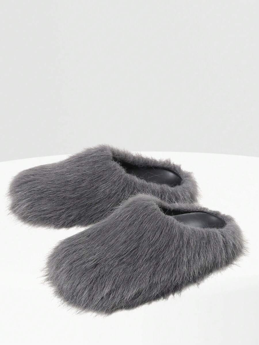 New Womens Faux Fur Slipper Round Toe Fuzzy Fluffy Comfortable Flat Warm Gray Furry Slipper Home Bedroom Slides Shoe Thick Plush Casual Wear Cozy Style Easter Gifts Flat Indoor Outdoor All Weather Spring Summer Flat Sandals For Women - 灰毛 - 查看 1