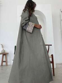 1pc Elegant Multi-Color Embroidered Women's Dress, Boho-Inspired Color Combination. Vintage Arabic Style Maxi Dress. Spring Fall - Grey - View 4
