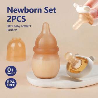 2pcs/1pc 60ml/2.03oz Silicone Mini Baby Bottle + Silicone Nipple Set, Mimics Breastfeeding Anti-Colic Feeding Bottle, Soft Silicone For Newborns, Great Gift For Newborns