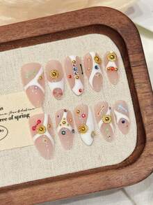 10PCS Middle Almond Handemade Press On Nails For Party And Daily , Black Nails, Little Black Ghost And White Ghost,Halloween,Almond Nails,Halloween Nails,Easy To Wear10pcs Y2K Handmade Press On Nails,Halloween Style,Suitable For Girls And Women Festivals Parties And Daily Wear