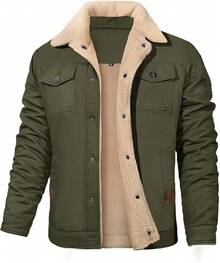Mens Winter Thick Thermal Cotton Warm Fleece Lined Sherpa Trucker Lapel Work Cargo Jackets Coat OuterwearChristmas 8453 - 軍綠色 - 查看 1