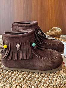1 Pair Autumn/Winter New Retro Suede Children Boots, Girls Korean Version Tassel Short Boots With Back Zipper, Princess Shoes