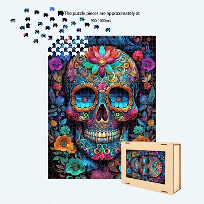 1 Set 900-1000 Pezzi Puzzle di Legno - Disegno Dettagliato del Teschio di Zucchero, Puzzle Complesso di Forma Reale Unica per Adulti, Puzzle di Legno Colorato, Regalo Creativo per Adulti, Interazione Familiare, Decorazione Domestica Fai-da-Te, Rompicapo, Regalo per Compleanni, Festività e Occasioni Speciali, Confezione Regalo Elegante, Decorazione Artistica da Parete, Pezzi di Alta Qualità, Realizzati con Cura