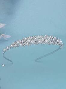 Faux Pearl & Rhinestone Headband, Princess Tiara Headpiece, Suitable For Party Decor, Wedding, Birthday, Costume Accessories