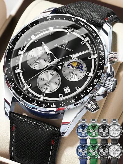 POEDAGAR 1pc Fashion Men's Stainless Steel Quartz Wrist Watches With Round Chronograph Date Dial, Waterproof Luminous Function, Classic Business Man Wristwatch Suitable For Daily & Formal Occasions, Men's Gifts