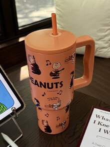 1pc Snoopy 900ML Large Capacity Insulated Tumbler, Outdoor Portable Travel Cooling Water Bottle, Stainless Steel Car Cup, Coffee Mug With Stainless Steel Straw - Multicolor - View 12