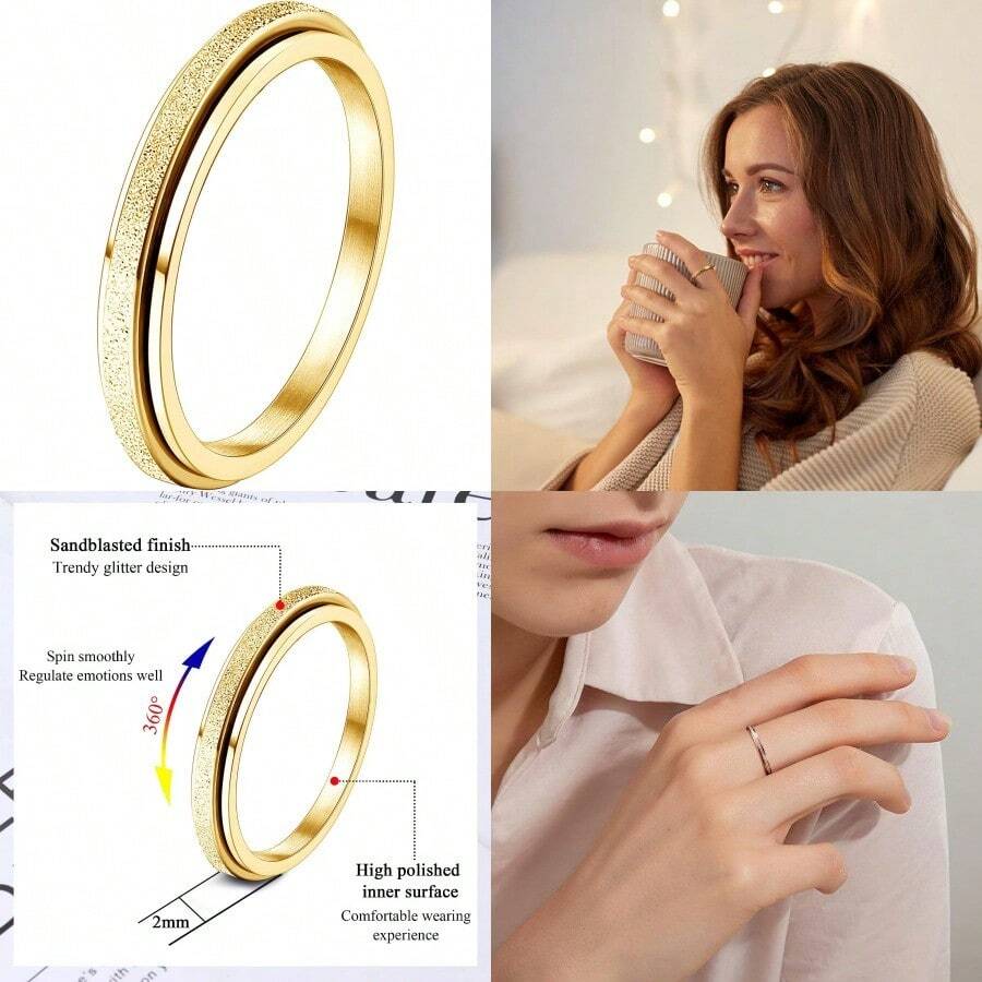 Fidget Rings For Women Men 2 4mm Titanium Steel Spinner Ring For Anxiety Stress Relief Glitter Sandblast Spinning Figit Anxiety Jewelry For Women Gifts - tông vàng 2mm - Xem 1