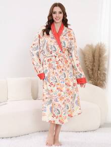 Autumn And Winter Women's Home Robe Plush Thick Lapel Tie Mid-Length Home Robe Floral Pattern Comfortable And Casual Atmosphere Pajamas Home Clothes - 混合色 - 查看 5