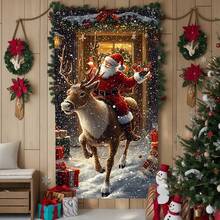 1pc 2026 Christmas Entrance Porch Banner Hanging Flag - Santa Riding Deer Scene Doorway Curtain, Featuring Gift Box & Snowflake Pattern Design, Suitable For Christmas Theme Party Supplies, Photo Booth Props, Door Art Decor, Anniversary, Winter Celebration Doorway, Family Gathering Christmas Curtain Backdrop