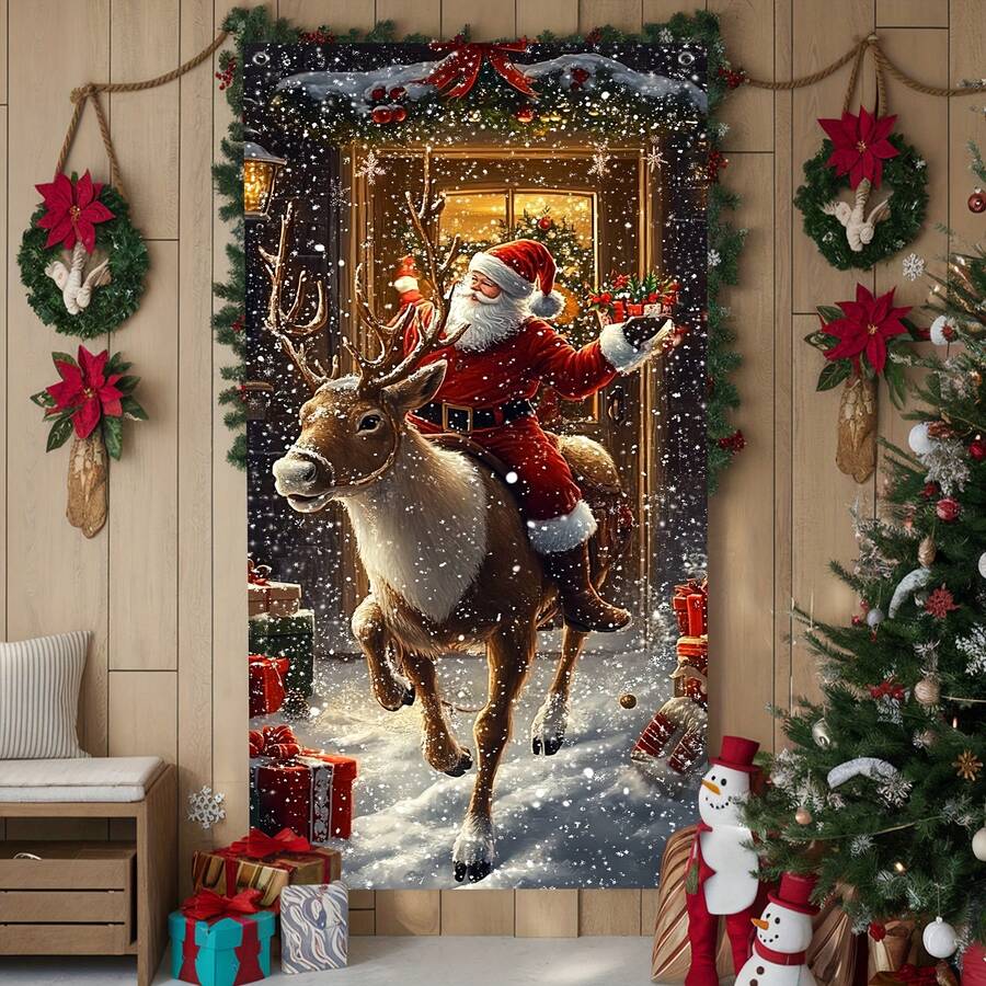 1pc 2026 Christmas Entrance Porch Banner Hanging Flag - Santa Riding Deer Scene Doorway Curtain, Featuring Gift Box & Snowflake Pattern Design, Suitable For Christmas Theme Party Supplies, Photo Booth Props, Door Art Decor, Anniversary, Winter Celebration Doorway, Family Gathering Christmas Curtain Backdrop