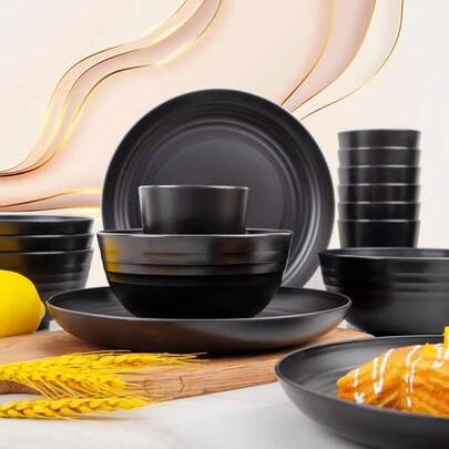 Aparelho de Jantar de Melamina - Preto Fosco 18 Peças – 6 Pratos, 6 Tigelas e 6 Copos - Cozinha