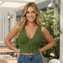 Modal Knit Top With Padded Cropped Beachwear Stylish - Olive Green - View 1