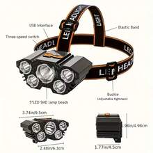 Buy 1 Get 1 Free, Total Of 2pcs Multifunctional 5LED Headlight Head Mounted Flashlight Outdoor USB Charging Fishing Headlight Strong Bald Head Light 4-Mode Headlight Flashlight, Used For Outdoor Running, Hunting, Hiking, Camping - Black - View 2