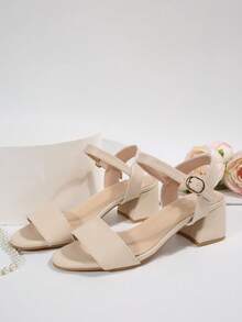 1 Paar Mädchen/Teenager einfarbige Riemen glänzende runde Zehenöffnung Slingback High Heel Schuhe, Metallschnalle Plateauabsatz, bequeme lässige elegante Sandalen, geeignet für 15+ Jahre, Party, Campus, Urlaub, Strand, Frühling/Sommer - Beige - Übersicht 6