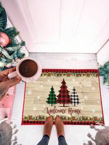1 pieza Felpudo de bienvenida navideño, alfombra con patrón de árbol de Navidad y copos de nieve, felpudo decorativo navideño antideslizante y lavable para interiores y exteriores, decoración de fiesta de Navidad, decoración navideña, felpudo decorativo de cocina, decoración del hogar, decoración navideña 2025