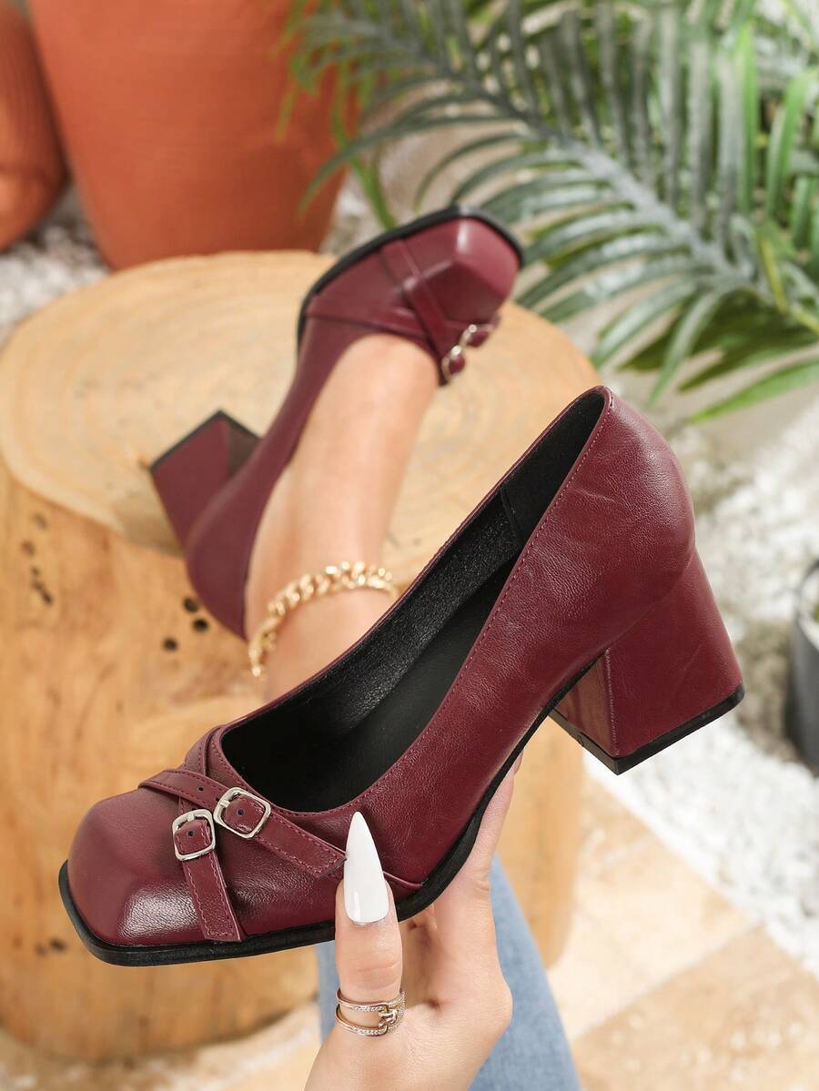 Plus Size Heels, Women's High Heel Pumps, Vintage Fashion Burgundy Chunky Heel Square Toe Mary Jane High Heels, Elegant Comfortable Work Shoes, College Party Commute Casual Women's Shoes - Burgundy - View 1