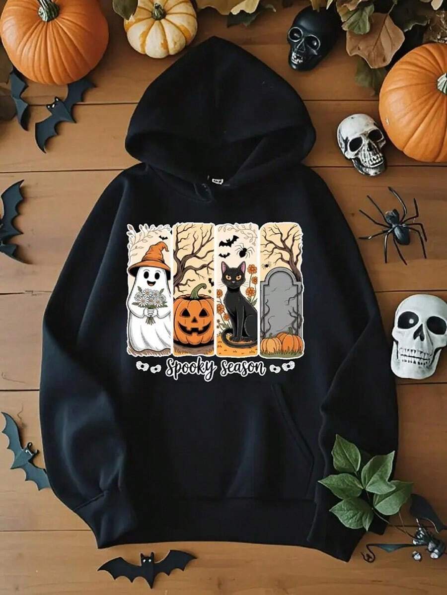 Men'S Halloween Hoodie - Spooky Season Design With Skeletons, Pumpkins & Cats, Cozy Cotton Blend Pullover With  Pocket, Perfect For Casual Wear & Festive Occasions, Halloween Clothes,Fall Hoodies,Men's Fall Clothes,Street Wear,Halloween,Mens Hoodies,Y2k Clothes,Jesus Hoodie,Thanksgiving Day,Nightmare Before Christmas,Christmas - 黑色 - 查看 1