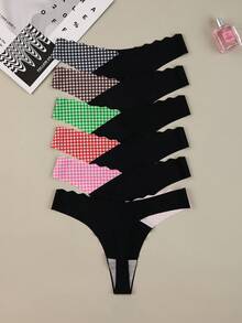 6pcs Seamless Scallop Contrast Design Women's Thong Panties, Comfortable Breathable Striped Plaid Underwear