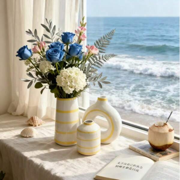 Vaso de cerâmica listrado com 3 peças, vaso de combinação listrado, combinação para casa, decoração de flores em vaso, para decoração de casa, vaso decorativo redondo para centro de mesa, casamento, restaurante, escritório, decoração de sala de estar