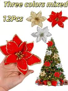 12Pcs Glitter Poinsettia Christmas Tree Ornament - Artificial Flowers Versatile Red, Silvery & Golden Fake Flowers Decorations For Wedding Christmas Xmas Tree Wreaths Decor, Holiday Parties & Home Decor Christmas Decorations Room Decor