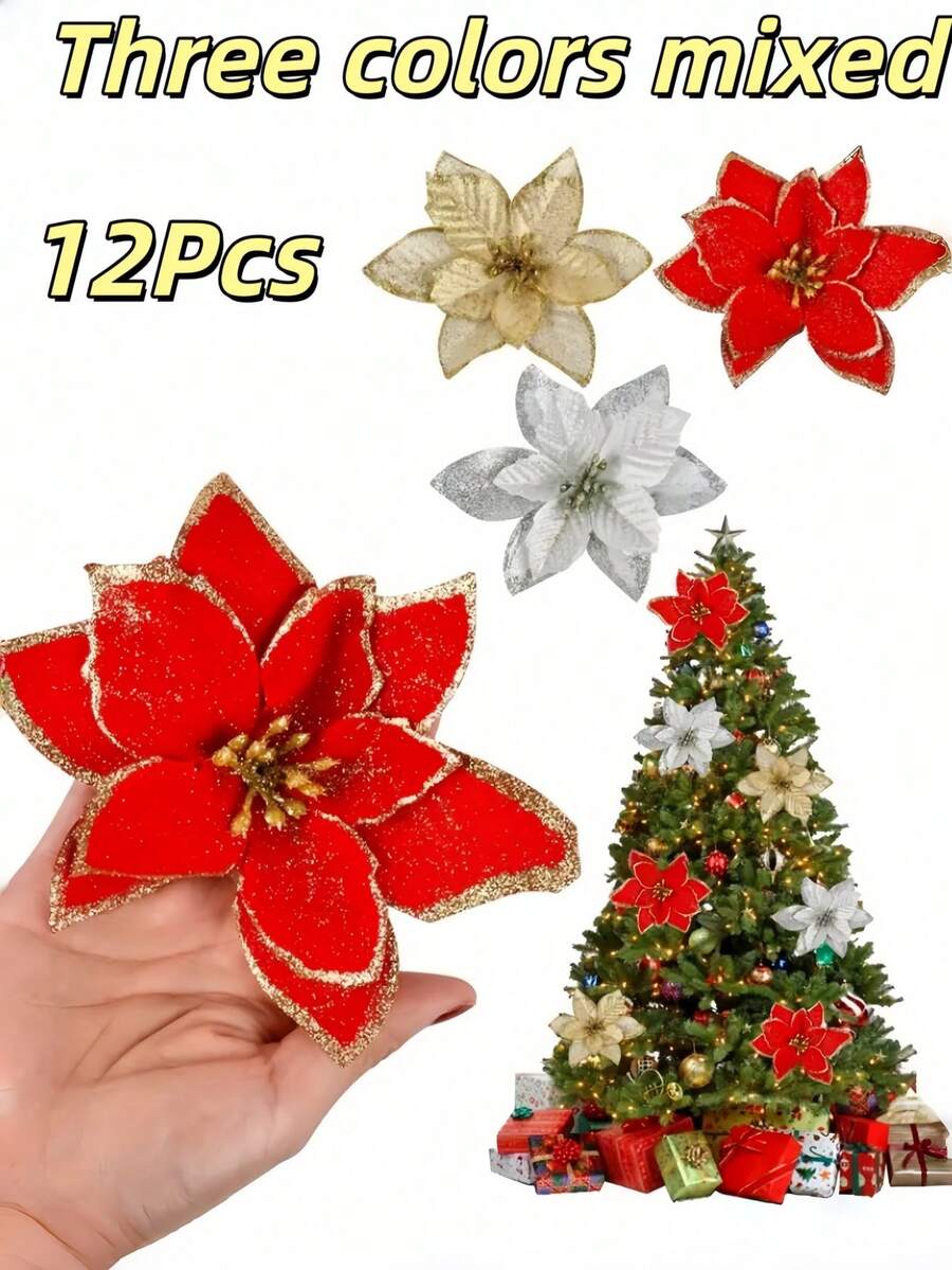 12Pcs Glitter Poinsettia Christmas Tree Ornament - Artificial Flowers Versatile Red, Silvery & Golden Fake Flowers Decorations For Wedding Christmas Xmas Tree Wreaths Decor, Holiday Parties & Home Decor Christmas Decorations Room Decor
