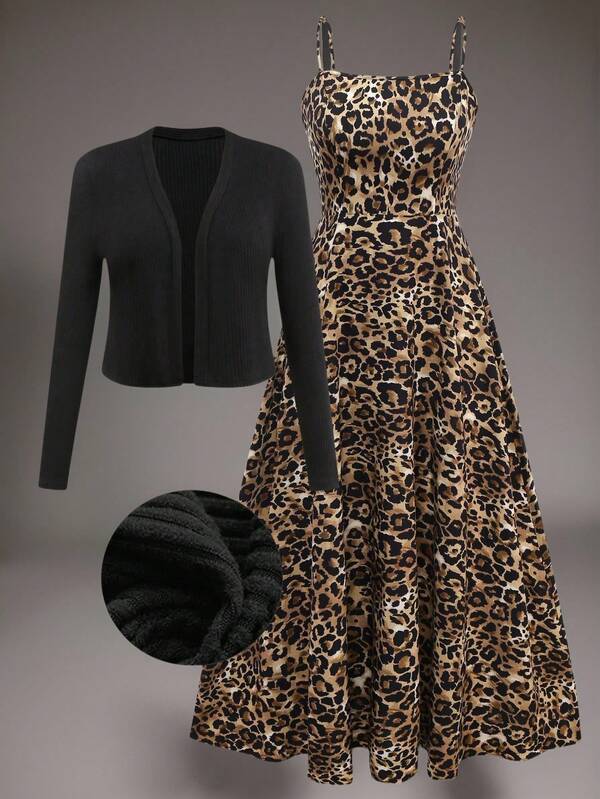 Plus Size Women Elegant Leopard Print Sleeveless Cinched Waist Flare Dress With Plush Jacket Set