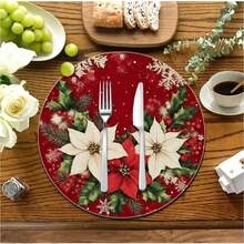 4/6/8 pièces Sets de table de Noël - Série bleue d'hiver de Noël, sapin de Noël, couronne, Père Noël, motif floral, sets de table, lavage à la main uniquement, décoration de table à dîner ronde d'hiver, décoration de cuisine et de salle à manger pour fête - 36 cm