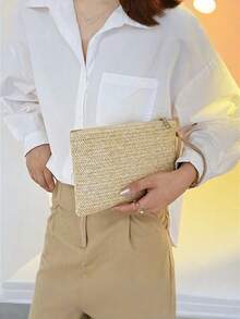 1 geantă elegantă de damă din paie țesută, cu închidere cu fermoar, poșetă în stil boho pentru plajă de vară, capacitate mare, perfectă pentru plajă sau ieșiri casual, pentru telefon, monede, depozitare chei