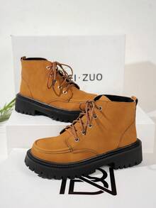 Women's Punk Style Round Toe Lace-Up Thick Sole Boots, 2025 Autumn/Winter New Fashionable Chic British Style Orange Work Boots, Outdoor Hiking Personalized High-Top Versatile Campus Style Classic Short Boots, European And American Unisex Motorcycle Boots