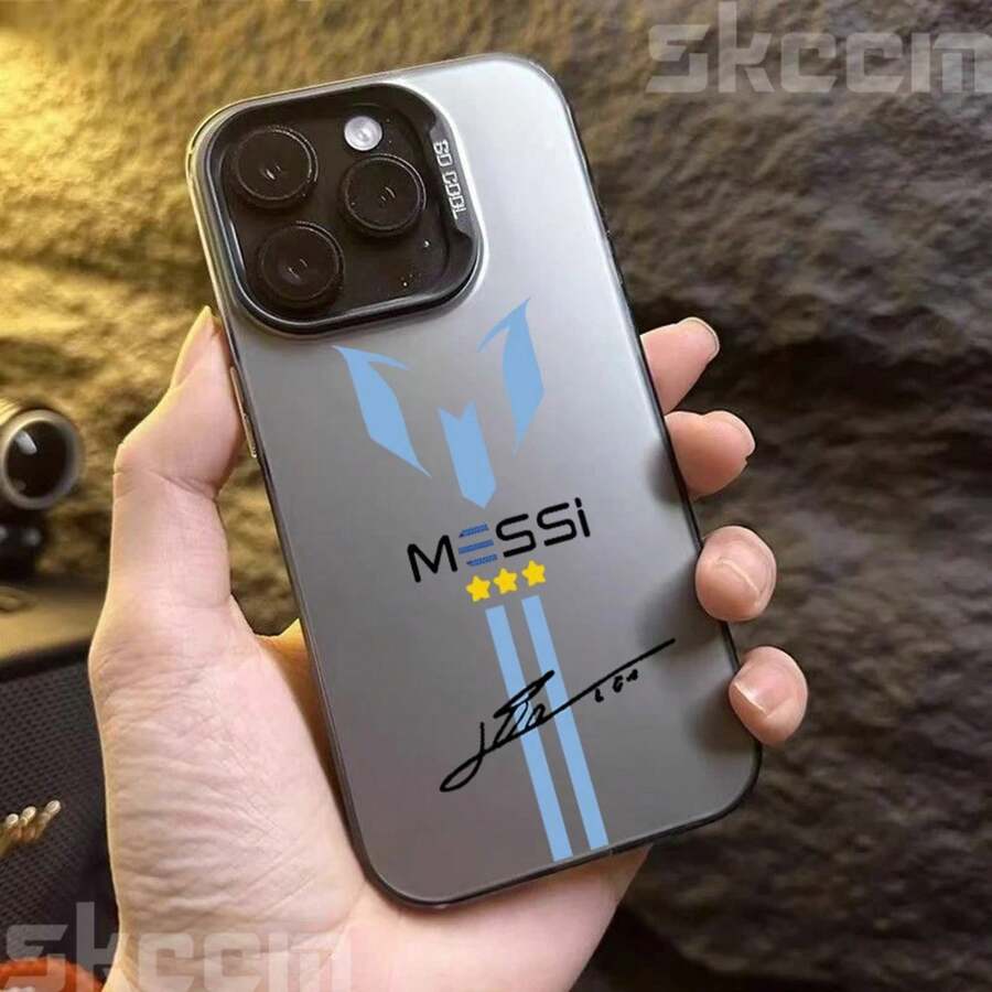 Funda de Teléfono Plateada con diseño de superestrella de fútbol para 17 15 16 14 13 12 11 Pro Max Plus, phone case accesorio navidad Christmas, funda deportiva moderna resistente protectora ideal para regalo de festival smartphone fútbol. - Negro 2G332 - Ver 1