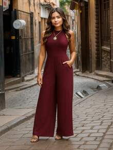 Long Pantaloon Jumpsuit With Adjustable Straps - Maroon - View 1