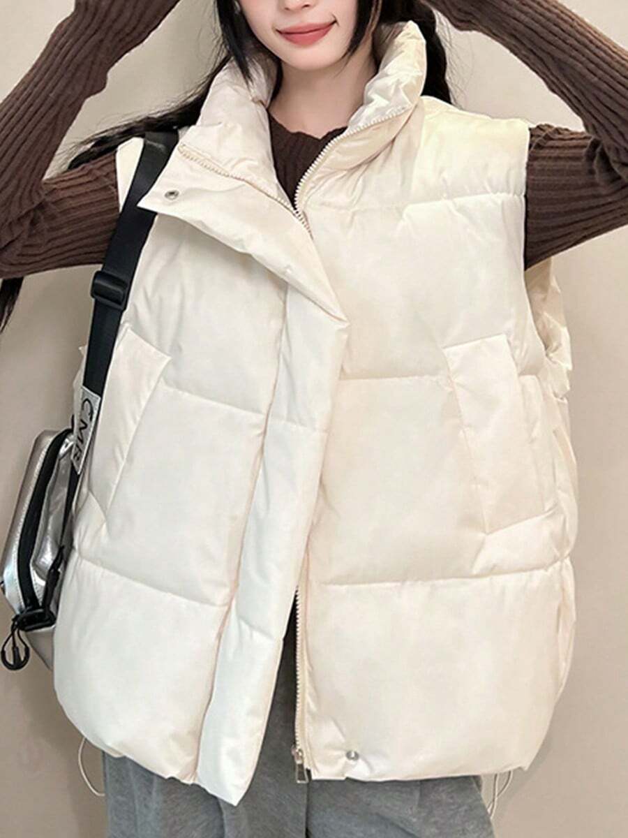 Chaleco de algodón con relleno de plumón para mujer - Nuevo estilo para primavera/otoño Chaleco sin mangas de corte holgado inspirado en Corea con cuello alto Chaleco sin mangas de algodón de color liso Chaleco exterior para mujer Cazadoras para Mujer Abrigos de Invierno para Mujer - Blanco - Ver 1