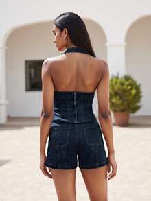 Women's 2 Piece Denim Outfits Solid Color Sleeveless Halter Neck Tank Tops Shorts Sets - Azul oscuro - Ver 5