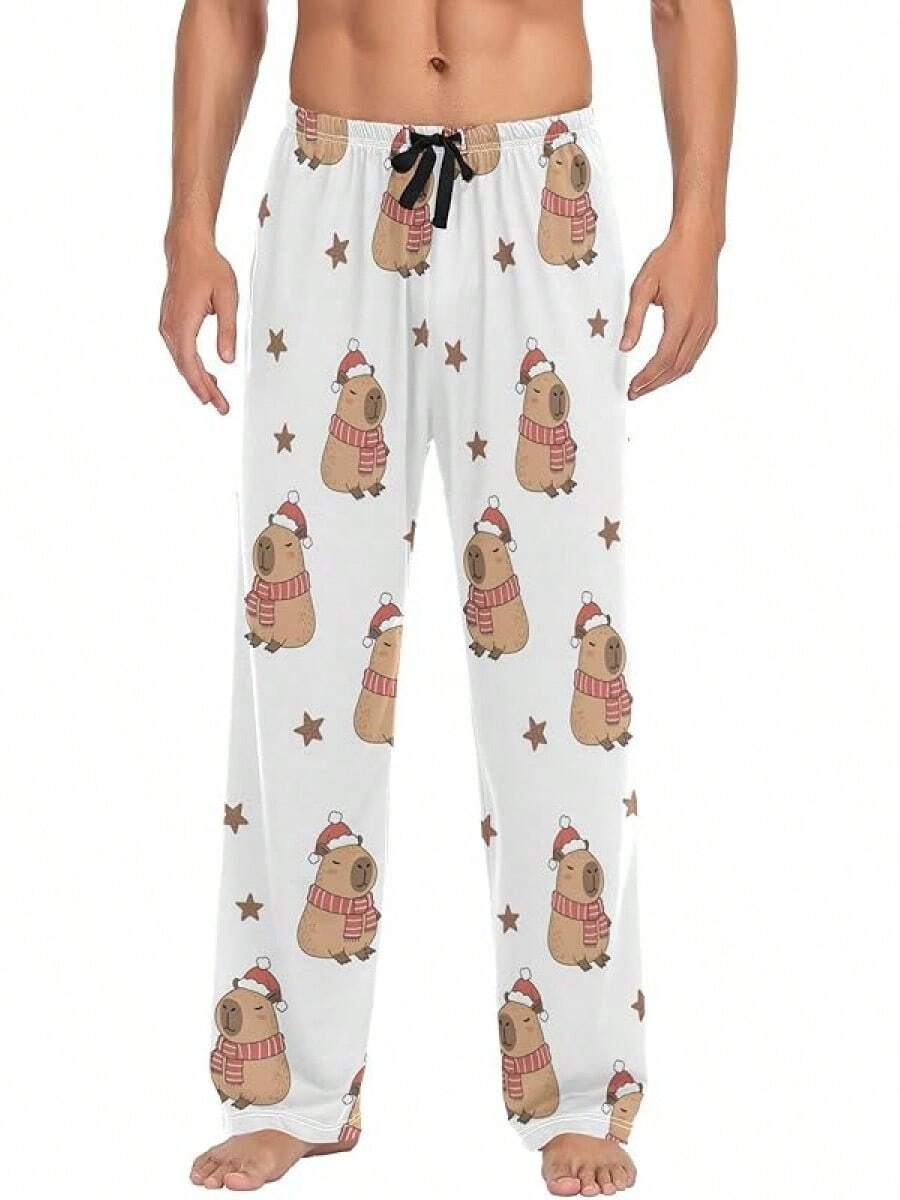 Pantalones de pijama divertidos Pantalones de salón para hombres Pantalones de pijama para hombres ultra suaves con bolsillos y cordón Halloween - Estrellas de capibara de invierno - Ver 1