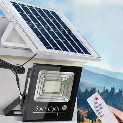 1 pieza Luz solar con control remoto y cable de extensión, luz solar inundación resistente al agua y sin batería para uso en exteriores durante 360 días, adecuada para patio, piscina, villa, campamento y emergencias