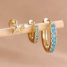 Juego de 3 piezas/5 piezas de nuevos pendientes de acero inoxidable chapados en oro de 18K para mujer, con diseños geométricos simples de círculo y cuadrado, pendientes de aro de lujo