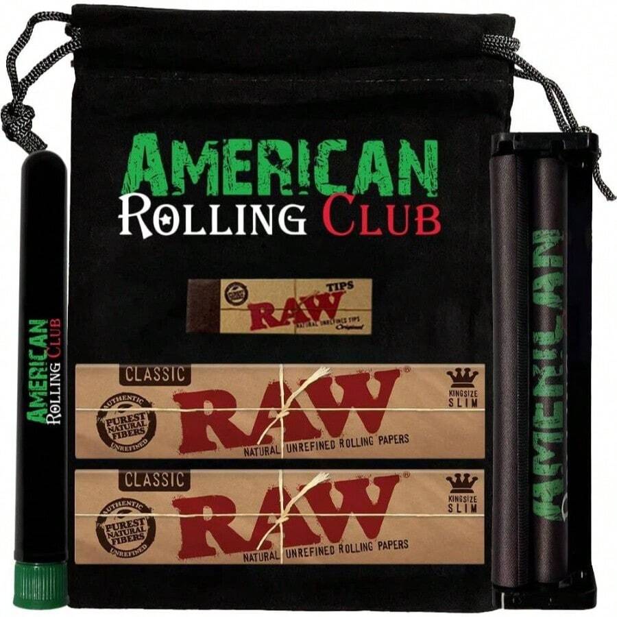 Black Bag Combo Classic King Size Slim Incluye papel de liar clsico, puntas clsicas, mquina de rodar American Rolling Club, bolsa de transporte negra y tubo - inicial - Ver 1
