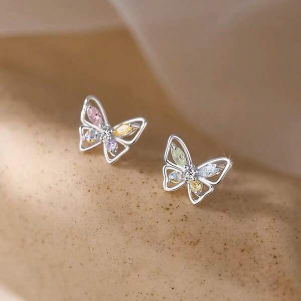 2pcs 925 Sterling Silver Colorful Butterfly Stud Earrings, Fashionable Jewelry Design