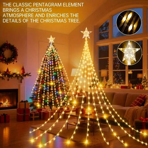 1pc Xmas Night 200LED Pentagram Waterfall String Light, USB/Battery Powered, 8 Modes, For Home, Kitchen, Room, Courtyard, Shop, Wall, Christmas Tree, Festive Decoration& Gift, Romantic Dreamy Fairy Light, Garden Decor For Outside(Battery Not Included), Christmas Lights, Christmas Decorations Outdoor Lights, Christmas Lights For Indoor,