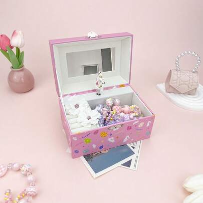 1 قطعة صندوق موسيقي مستطيل بنمط أرنب وردي، مصنوع من الورق مع دوران الكرنفال والمرآة، لتخزين المجوهرات والألعاب الصغيرة، مناسب لأعياد الميلاد وحفلات الزفاف والمناسبات الأخرى