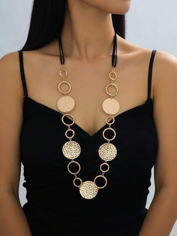 1pc Fashionable Long Sweater Chain, Vintage Versatile Geometric Punk Sexy Elegant Bohemian Hollow Round Ring Hammered Textured Exaggerated Metal Necklace, Suitable For Women Everyday, Holiday, Date, Travel, Vacation, Couples