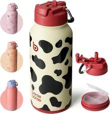 BOTTLE BOTTLE Botella de agua aislada de 32oz (940ml), botella deportiva de acero inoxidable con popote, diseño de tapa de doble uso, para gimnasio con pastillero (Vaca) - Brote - Ver 1