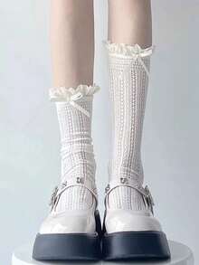 1 Pair White/Beige Mesh Lace Bow Detail Long Stockings Versatile Simple Style Thigh High Or Stackable Over The Calf Socks