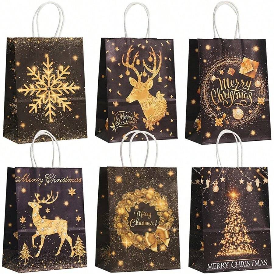 6 piezas Bolsas de regalo de papel kraft negro y dorado con asa, con estampado de renos, copos de nieve y árboles de Navidad en dorado, bolsas para fiestas de Navidad