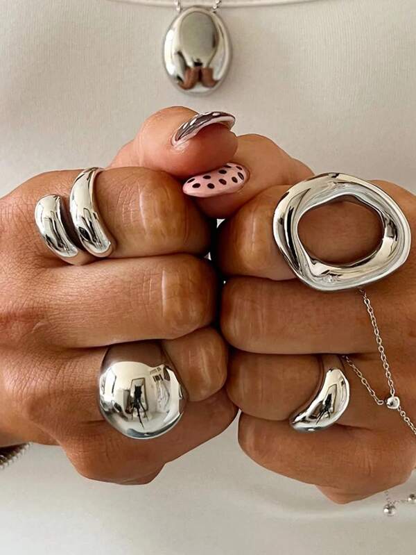 Juego de 4 anillos minimalistas de acero inoxidable con diseño asimétrico liso, anillo ovalado hueco apilable, anillo esférico grande, joyería para mujer